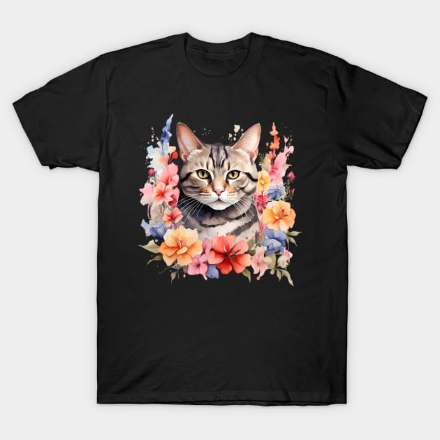 An american shorthair cat decorated with beautiful watercolor flowers T-Shirt by CreativeSparkzz
